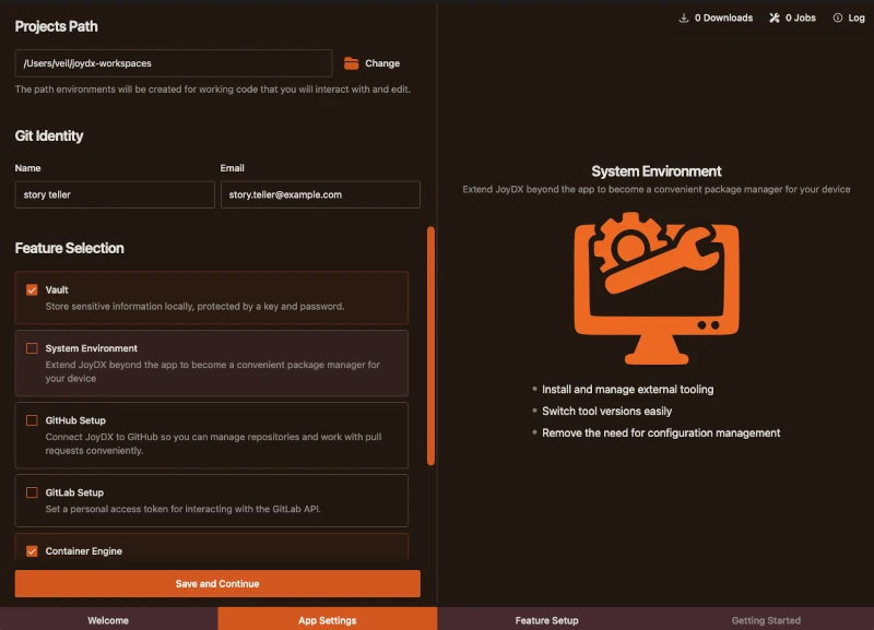 Choose your workspaces path and select which features to configure